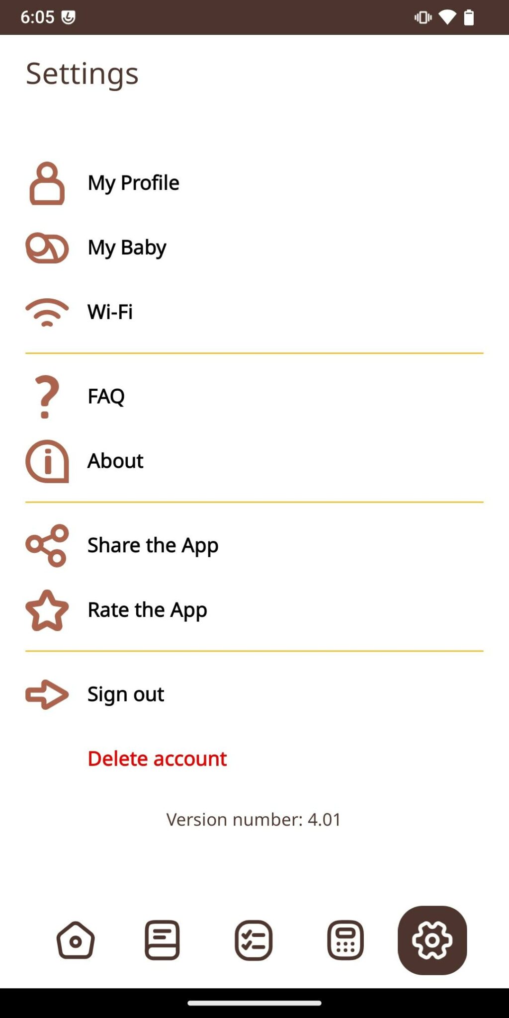 Screenshot showing the Delete account option in red at the bottom of the Settings screen